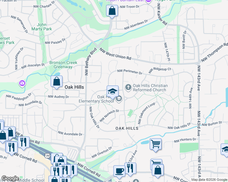 map of restaurants, bars, coffee shops, grocery stores, and more near 15410 Northwest Westway Street in Beaverton