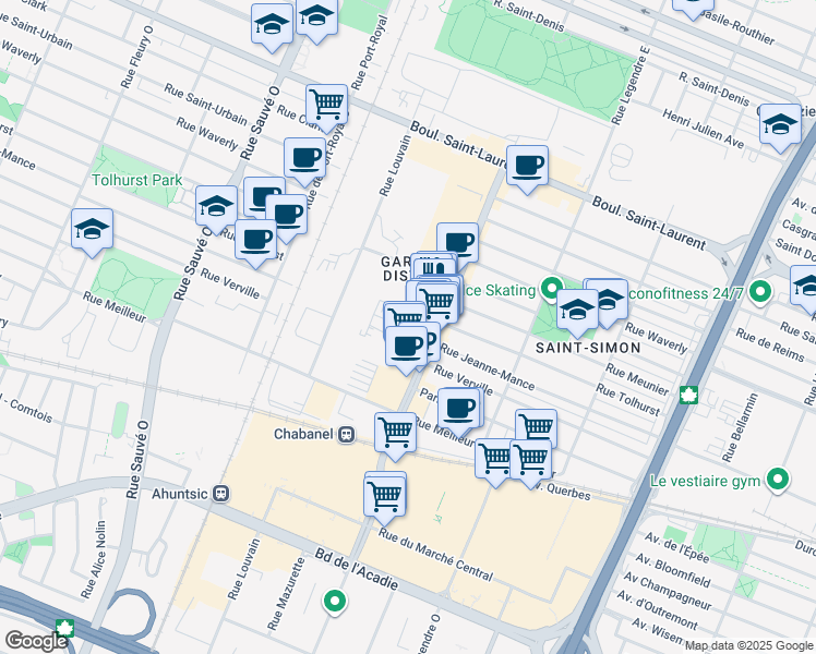 map of restaurants, bars, coffee shops, grocery stores, and more near 333 Rue Chabanel Ouest in Montréal