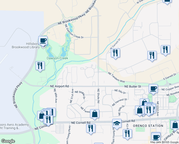 map of restaurants, bars, coffee shops, grocery stores, and more near 2111 Northeast Tandem Way in Hillsboro