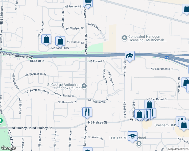 map of restaurants, bars, coffee shops, grocery stores, and more near 16351 Northeast Thompson Street in Portland