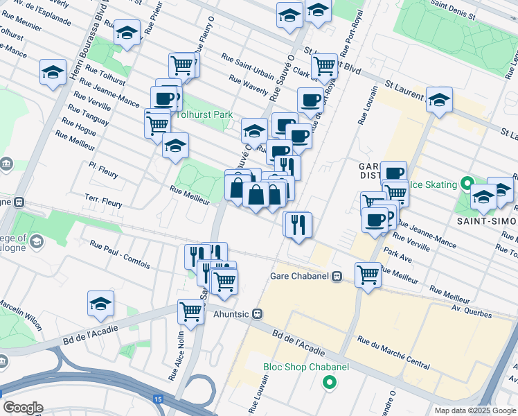 map of restaurants, bars, coffee shops, grocery stores, and more near 503 Rue de Port-Royal Ouest in Montréal