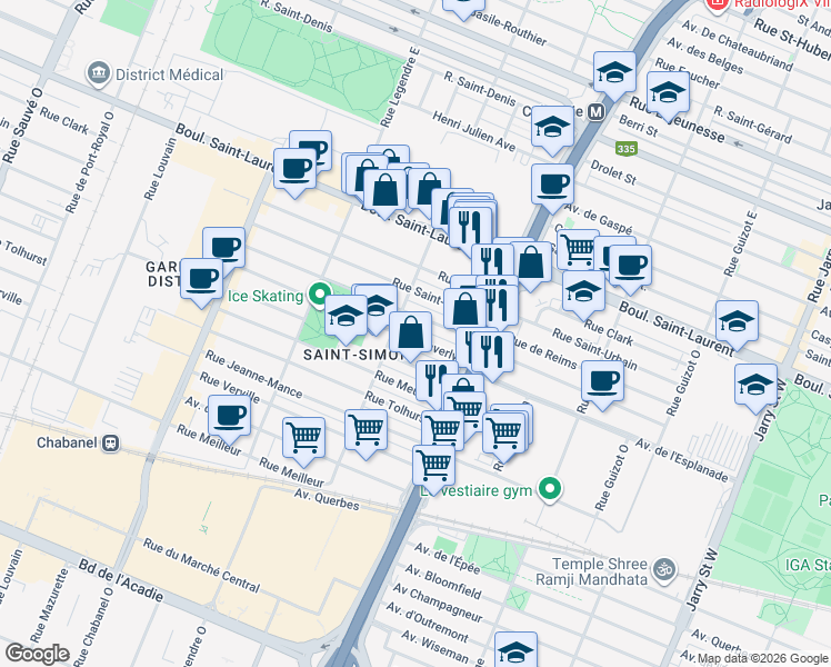 map of restaurants, bars, coffee shops, grocery stores, and more near 8849 Rue Waverly in Montréal