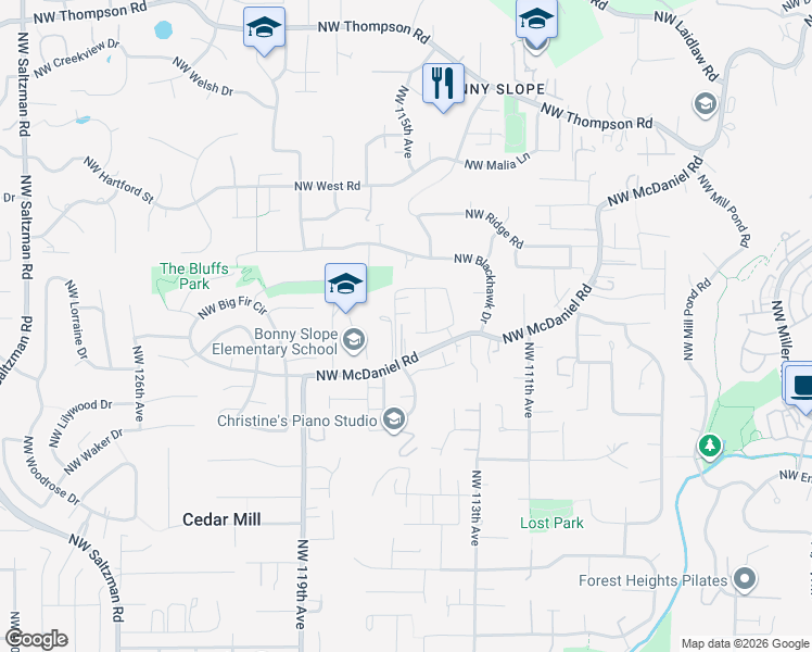 map of restaurants, bars, coffee shops, grocery stores, and more near 11535 Northwest McDaniel Road in Portland