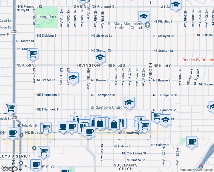 map of restaurants, bars, coffee shops, grocery stores, and more near 2417 Northeast 18th Avenue in Portland