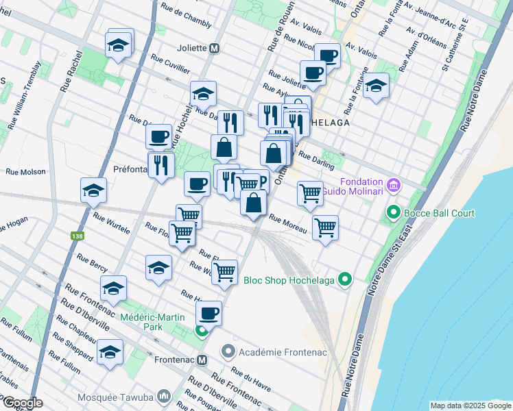map of restaurants, bars, coffee shops, grocery stores, and more near in Montreal