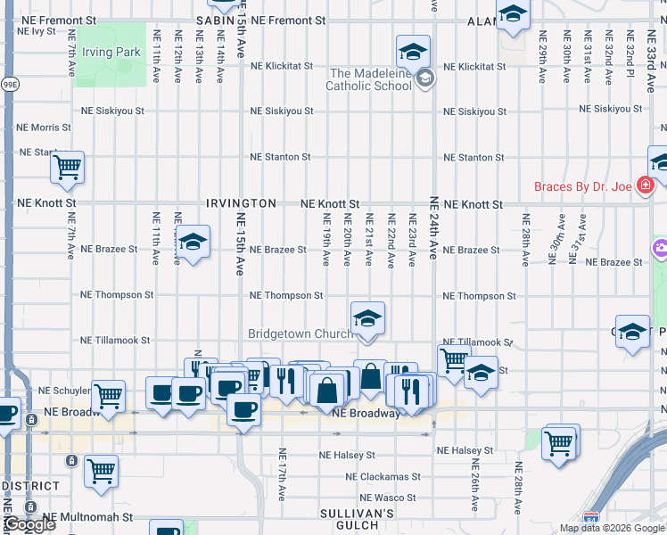 map of restaurants, bars, coffee shops, grocery stores, and more near 2414 Northeast 19th Avenue in Portland