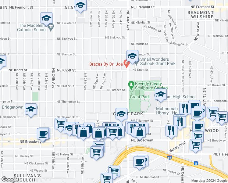 map of restaurants, bars, coffee shops, grocery stores, and more near 3214 Northeast Brazee Street in Portland