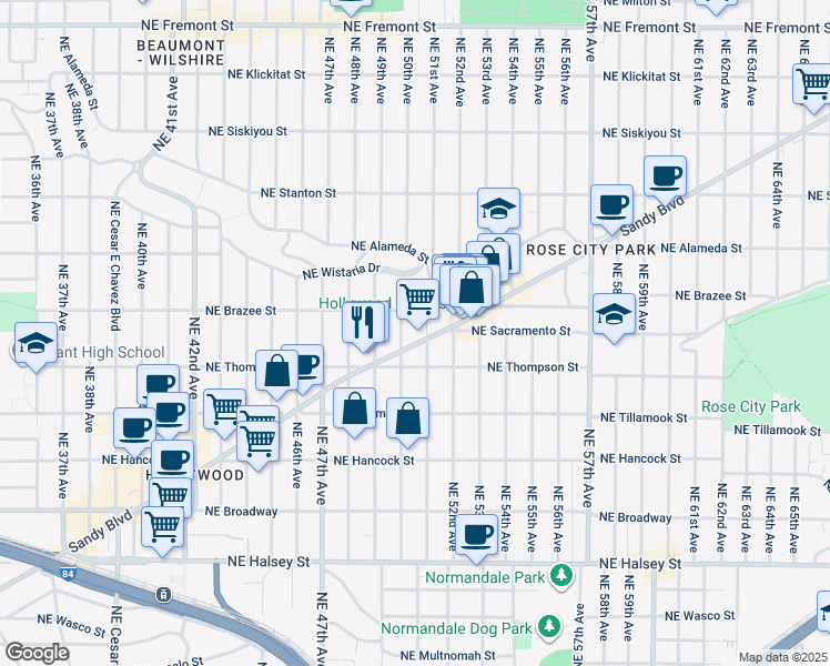 map of restaurants, bars, coffee shops, grocery stores, and more near 5005 Northeast Sandy Boulevard in Portland