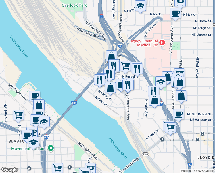 map of restaurants, bars, coffee shops, grocery stores, and more near 2339 North Harding Avenue in Portland