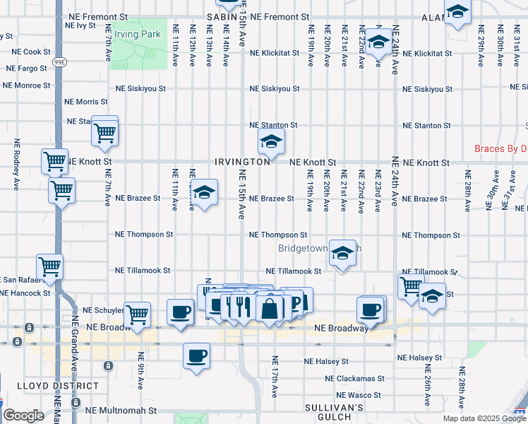 map of restaurants, bars, coffee shops, grocery stores, and more near 2412 Northeast 16th Avenue in Portland