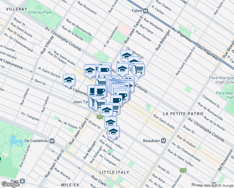 map of restaurants, bars, coffee shops, grocery stores, and more near 7026 Rue Saint-André in Montréal