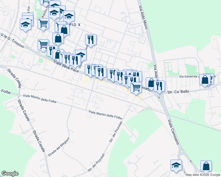 map of restaurants, bars, coffee shops, grocery stores, and more near 29 Via Giuseppe Barbieri in Vicenza