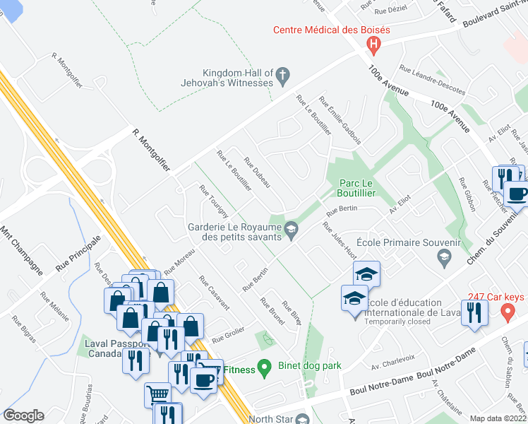map of restaurants, bars, coffee shops, grocery stores, and more near 1308 Rue Le Boutillier in Laval