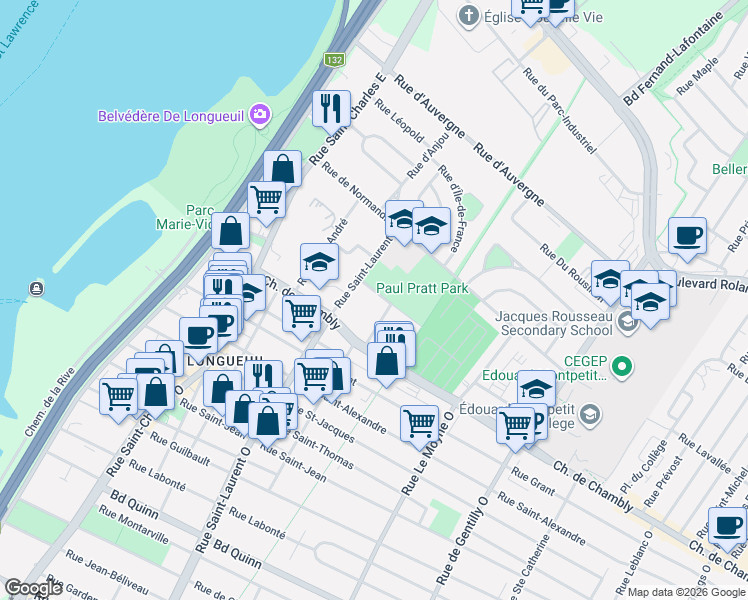 map of restaurants, bars, coffee shops, grocery stores, and more near 420 Rue Sainte Marie in Longueuil