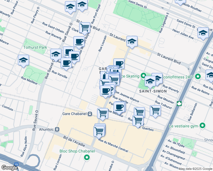 map of restaurants, bars, coffee shops, grocery stores, and more near in Montreal