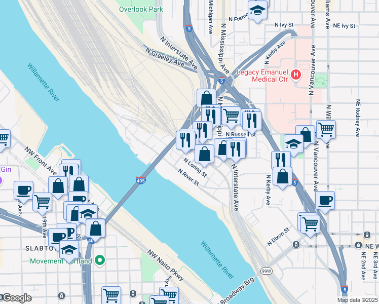 map of restaurants, bars, coffee shops, grocery stores, and more near 2335 North Harding Avenue in Portland