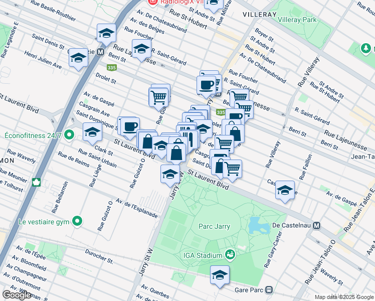 map of restaurants, bars, coffee shops, grocery stores, and more near 67 Rue Jarry Est in Montréal