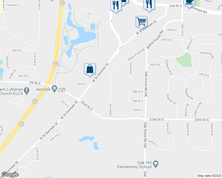 map of restaurants, bars, coffee shops, grocery stores, and more near 1820 Quarry Road in Saint Cloud