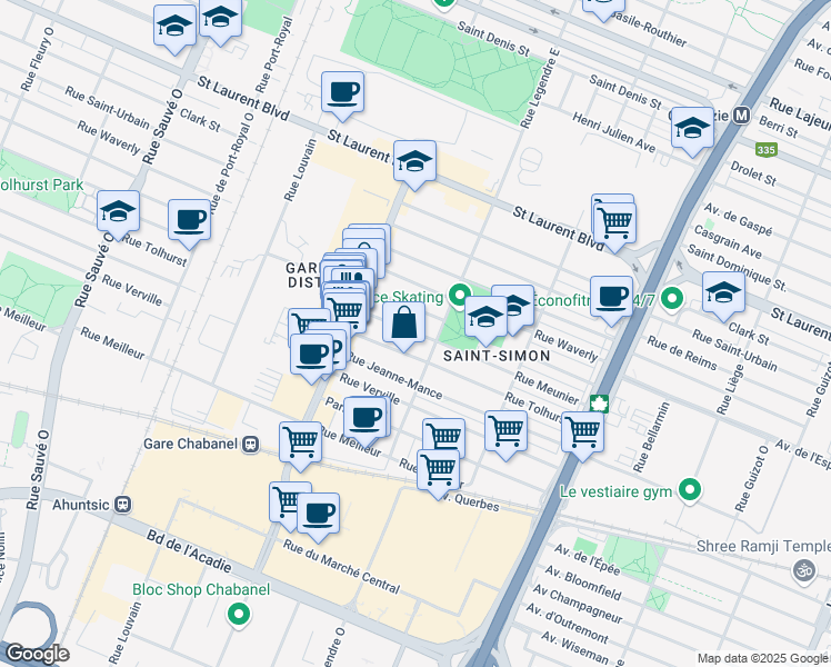 map of restaurants, bars, coffee shops, grocery stores, and more near 9150 Rue Meunier in Montreal