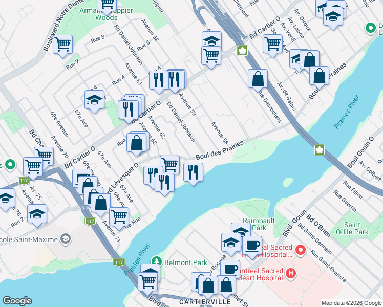map of restaurants, bars, coffee shops, grocery stores, and more near 211 61e Av in Laval