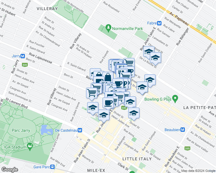 map of restaurants, bars, coffee shops, grocery stores, and more near 7272 Rue Lajeunesse in Montréal
