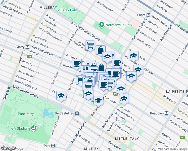 map of restaurants, bars, coffee shops, grocery stores, and more near 505 Rue de Castelnau Est in Montreal
