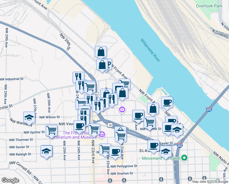 map of restaurants, bars, coffee shops, grocery stores, and more near 2356 Northwest 21st Place in Portland