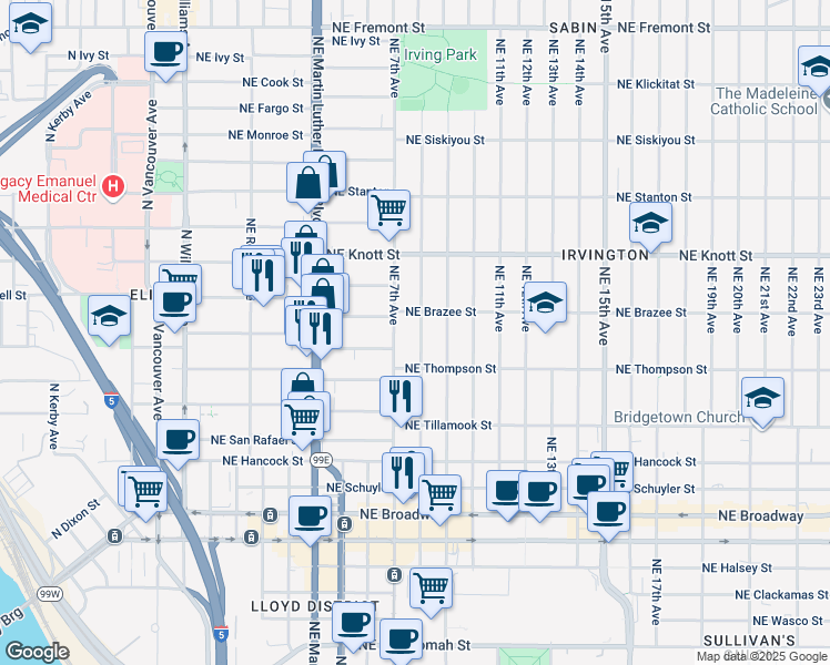 map of restaurants, bars, coffee shops, grocery stores, and more near 2417 Northeast 8th Avenue in Portland