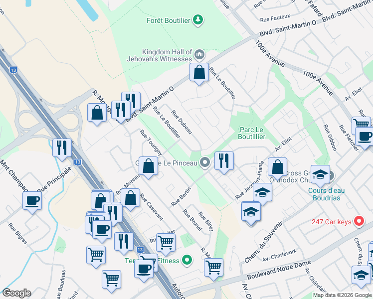 map of restaurants, bars, coffee shops, grocery stores, and more near 1308 Rue Le Boutillier in Laval