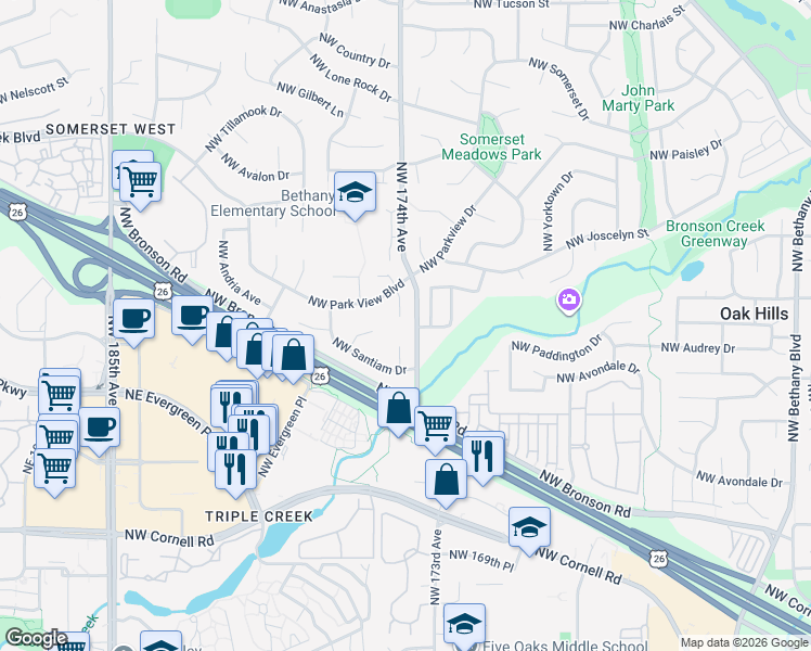 map of restaurants, bars, coffee shops, grocery stores, and more near 2810 Northwest Whitman Court in Portland