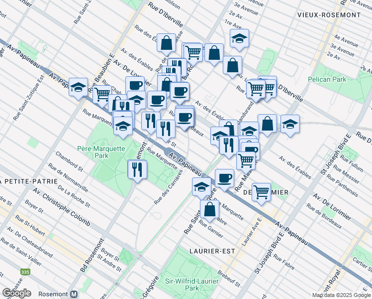 map of restaurants, bars, coffee shops, grocery stores, and more near 1871 Rue des Carrières in Montréal