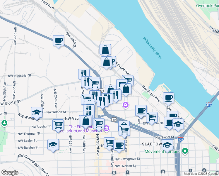 map of restaurants, bars, coffee shops, grocery stores, and more near 2359 Northwest 22nd Avenue in Portland