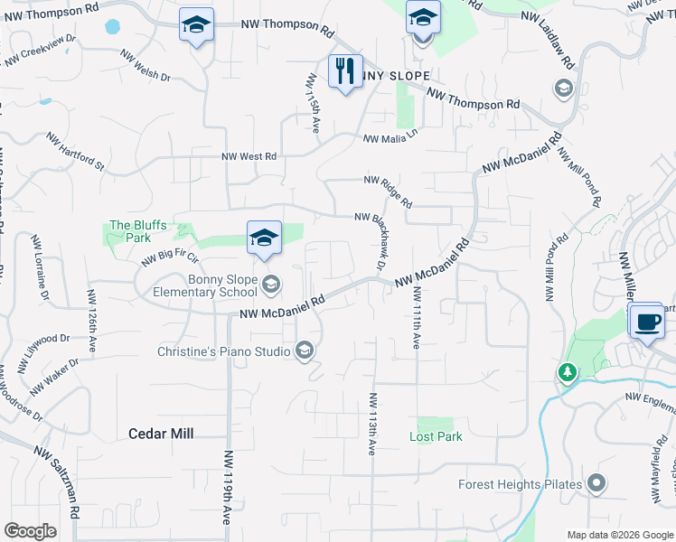 map of restaurants, bars, coffee shops, grocery stores, and more near 2818 Northwest 114th Terrace in Portland