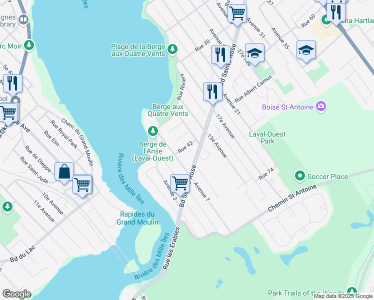 map of restaurants, bars, coffee shops, grocery stores, and more near 840 42e Rue in Laval