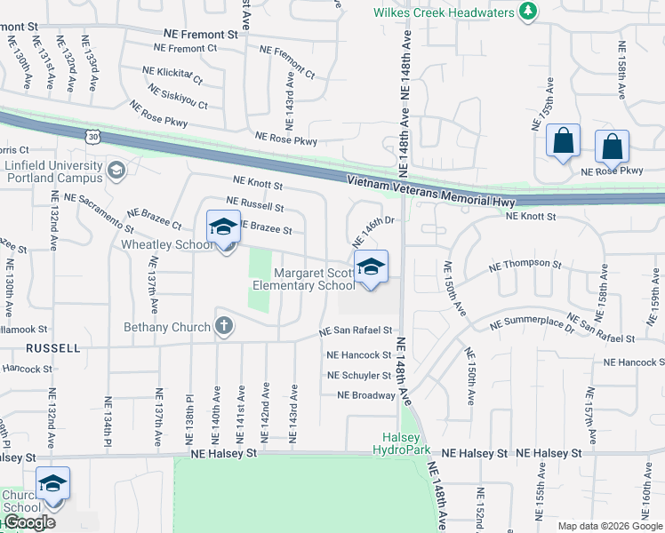 map of restaurants, bars, coffee shops, grocery stores, and more near 14410 Northeast Sacramento Street in Portland