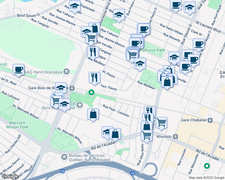 map of restaurants, bars, coffee shops, grocery stores, and more near 10350 Terrasse Fleury in Montreal