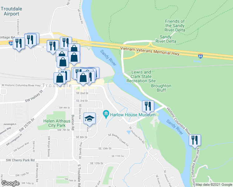 map of restaurants, bars, coffee shops, grocery stores, and more near 633 East Historic Columbia River Highway in Troutdale