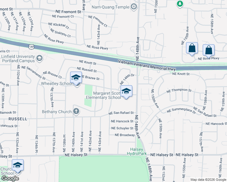 map of restaurants, bars, coffee shops, grocery stores, and more near 14332 Northeast Sacramento Street in Portland