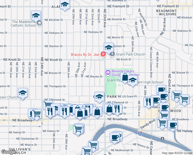 map of restaurants, bars, coffee shops, grocery stores, and more near 3214 Northeast Brazee Street in Portland