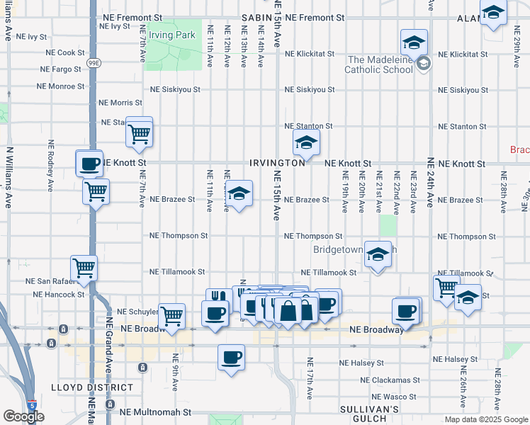 map of restaurants, bars, coffee shops, grocery stores, and more near 2415 Northeast 15th Avenue in Portland