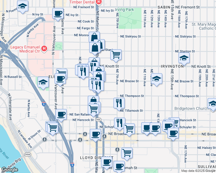 map of restaurants, bars, coffee shops, grocery stores, and more near in Portland