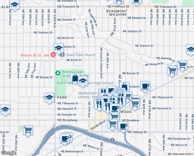 map of restaurants, bars, coffee shops, grocery stores, and more near 2416 Northeast 38th Avenue in Portland
