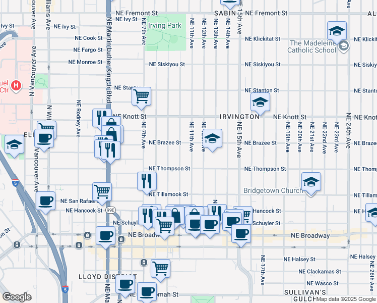 map of restaurants, bars, coffee shops, grocery stores, and more near 2417 Northeast 11th Avenue in Portland