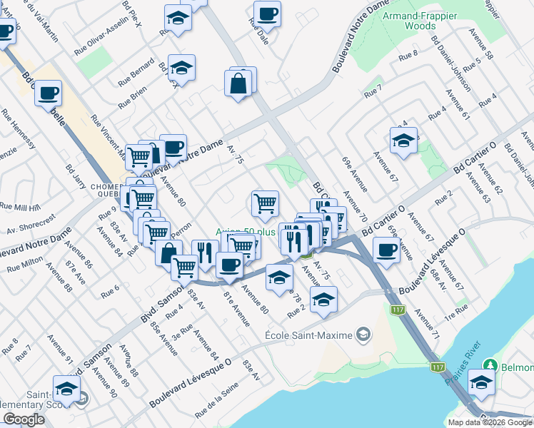 map of restaurants, bars, coffee shops, grocery stores, and more near 615 77e Av in Laval