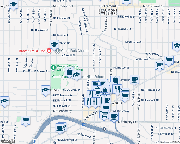 map of restaurants, bars, coffee shops, grocery stores, and more near 2416 Northeast 38th Avenue in Portland