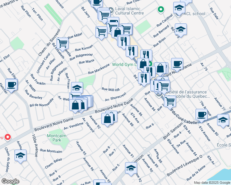 map of restaurants, bars, coffee shops, grocery stores, and more near 1082 Rue Mill Hill in Laval