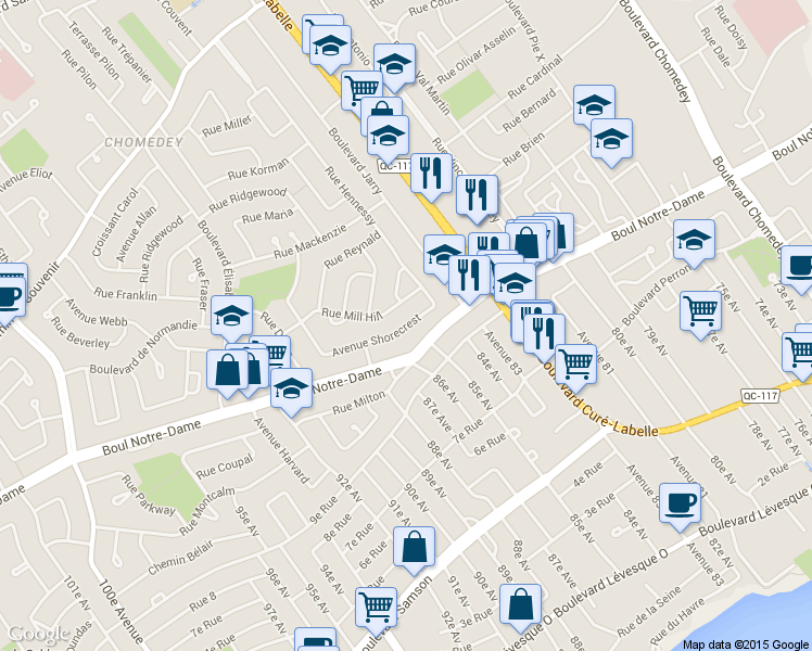 map of restaurants, bars, coffee shops, grocery stores, and more near 1049 Avenue Shorecrest in Laval