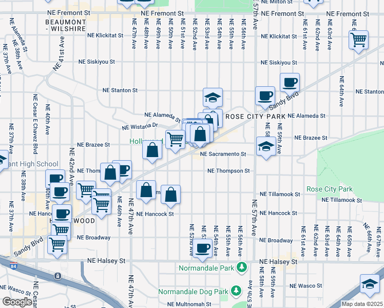 map of restaurants, bars, coffee shops, grocery stores, and more near Northeast 52nd Avenue in Portland