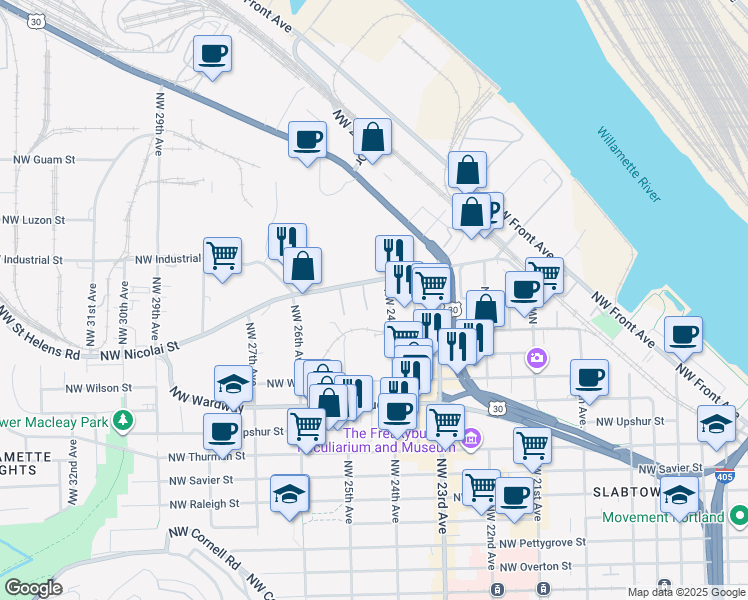 map of restaurants, bars, coffee shops, grocery stores, and more near 8 Northwest 24th Avenue in Portland