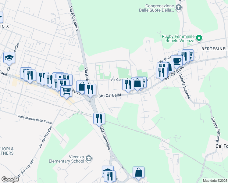 map of restaurants, bars, coffee shops, grocery stores, and more near 2 Via Giovanni Emiliani in Vicenza